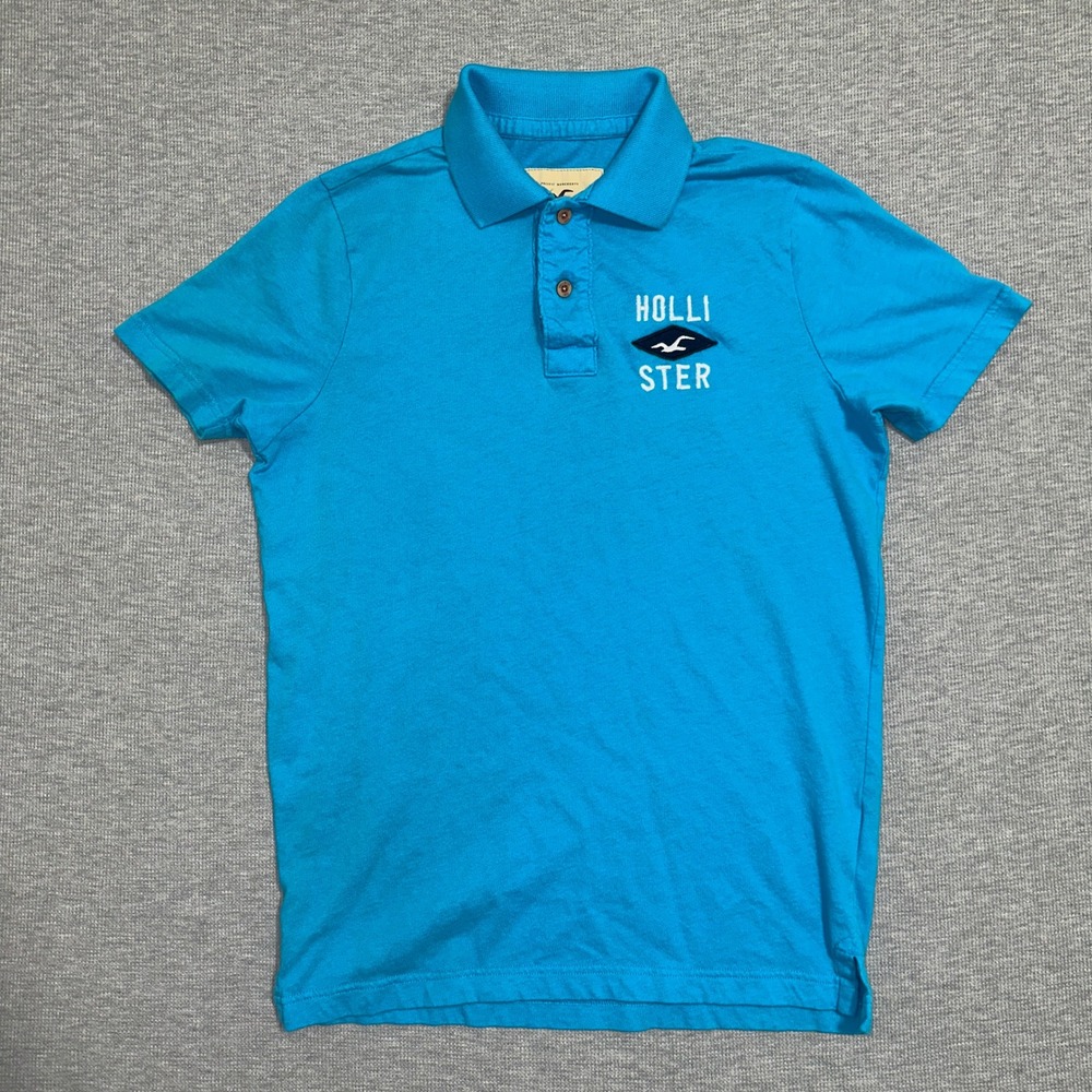 Hollister California Short Sleeve Graphic Logo Polo Shirt Blue Mens Size Large